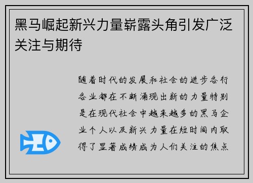 黑马崛起新兴力量崭露头角引发广泛关注与期待