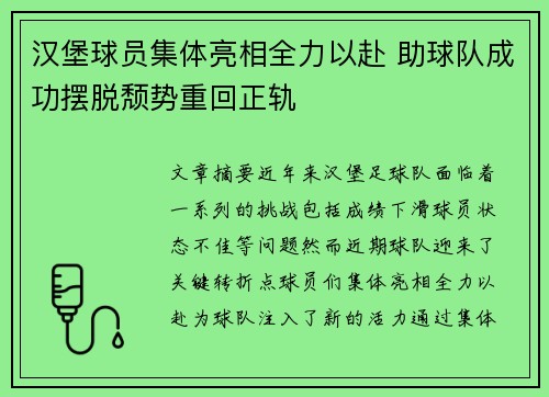 汉堡球员集体亮相全力以赴 助球队成功摆脱颓势重回正轨
