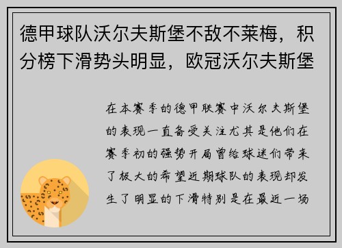 德甲球队沃尔夫斯堡不敌不莱梅，积分榜下滑势头明显，欧冠沃尔夫斯堡2比0皇家马德里gif