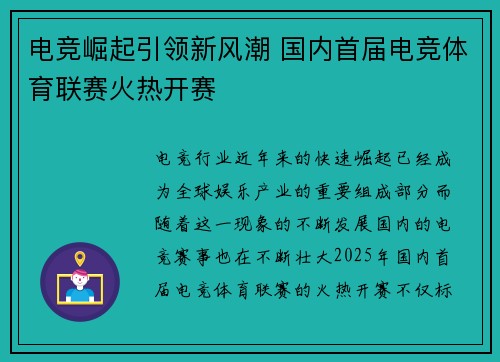 电竞崛起引领新风潮 国内首届电竞体育联赛火热开赛