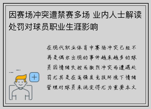 因赛场冲突遭禁赛多场 业内人士解读处罚对球员职业生涯影响